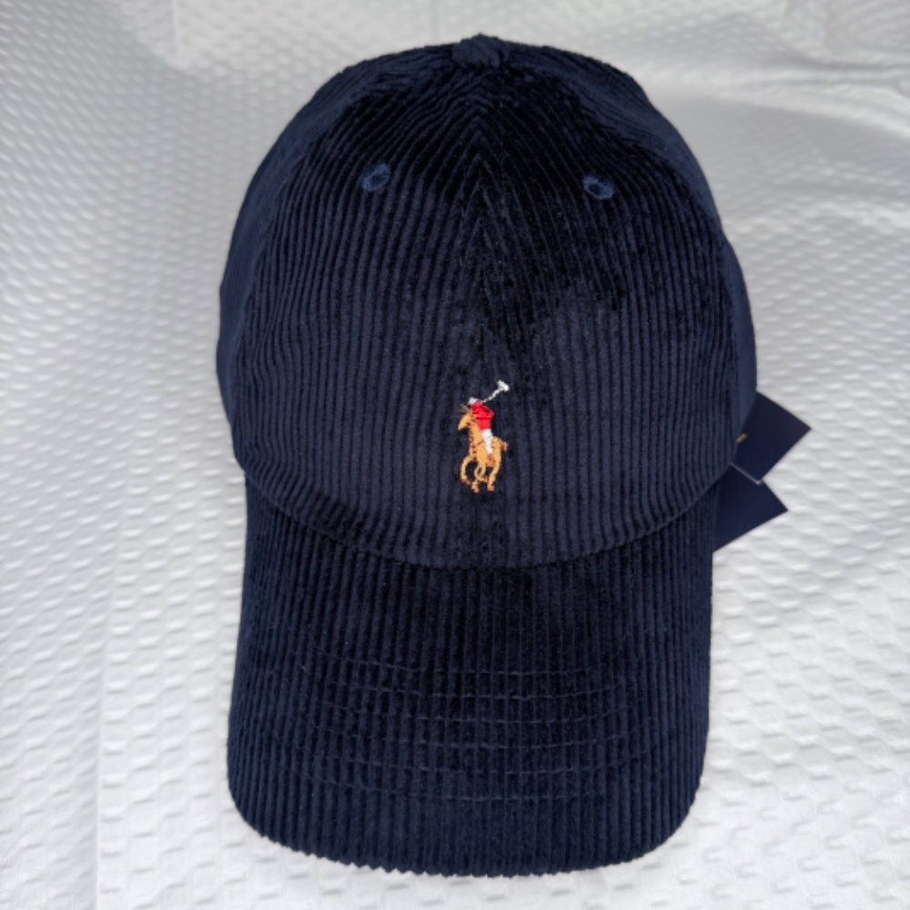 AUTHENTIC POLO RALPH LAUREN CORDUROY CAP NAVY BLUE UNISEX ONE SIZE M/L VINTAGE - Picture 3 of 5
